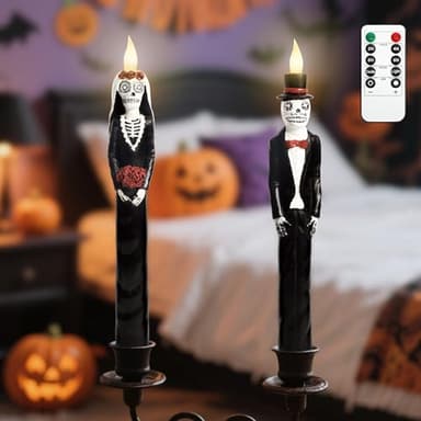 Helloween Taper Candles with Remote & Timer, Day of The Dead Skeleton Couple Flameless LED Taper Candles, Home Party Haunted House Gothic Halloween Decorations