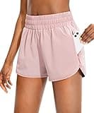 SANTINY Women's Running Shorts with Zip Pockets High Waisted Athletic Workout Gym Shorts for Women with Liner (Pink_M)