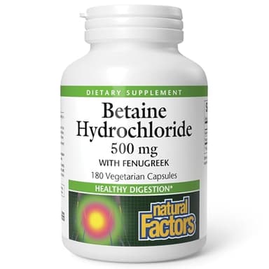 Natural Factors, Betaine HCL 500 mg, Supports Healthy Digestion and a Healthy Microbiome, 180 capsules (180 servings)