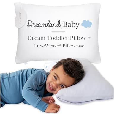 Dreamland Baby Premium Toddler Pillow and White Pillowcase, 13 x 18. Machine Washable, Ergonomic Kids Pillow + Ultra Soft Viscose Pillowcase. Mom-Owned US Business, Premium Materials