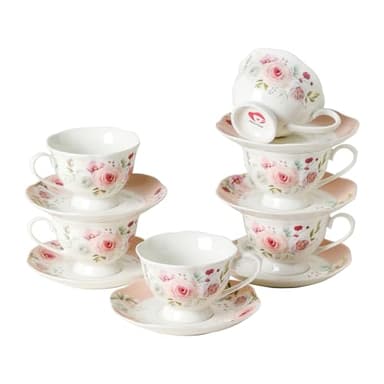 PRECITIME Floral Porcelain Tea Cup Set of 6 (12-Piece), 6 Cups & 6 Saucers with Rose Pattern, 6oz Scalloped Edge Coffee Cups, Dishwasher & Microwave Safe, Elegant Gift