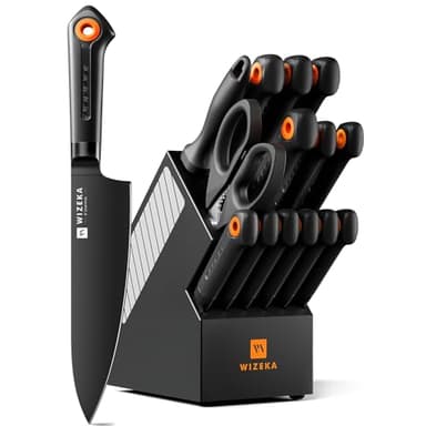 WIZEKA Kitchen Knife Block Set: 15 Pieces Dishwasher Safe Knives Set for Kitchen, Ultra Sharp Black Knife Set With Sharpener, Non-Slip Handle, Anti-Rust Coating, Dark Vision Series