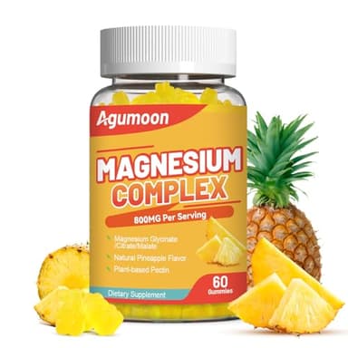 Agumoon Magnesium Complex Gummies 800mg with Zinc & Vitamins B6, B12, C, D3, 60 Pineapple Gummies, High Absorption Glycinate, Citrate, Malate, Non-GMO, Gluten-Free