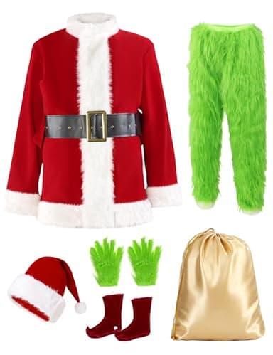 Buheco Christmas Costume for Men 7PCS Deluxe Adult Santa Outfit Suit Professional Xmas Halloween Cosplay Adults