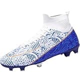 Men's Soccer Shoes Football Cleats High-Tops Lace-Up Non-Slip Spikes Outdoor AG/FG Baseball Lacrosse Rugby Boots Blue White EU 45