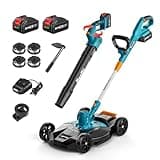 Seesii Electric 12" Lawn Mower and Leaf Blower Combo Kit, 3 in 1 Cordless Weed Wacker Grass Eater with 1.3"/2.1" Height, Battery String Trimmer Rotary Handheld Blower with 5-Speed for Yard Lawn