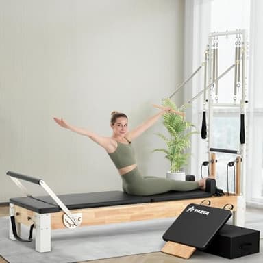 PAETA Pilates Reformer, Wooden Reformer Pilates Machine with Tower & Mat, Pilates Equipment for Home Workout and Studio, Includes Sitting Box, Jumpboard
