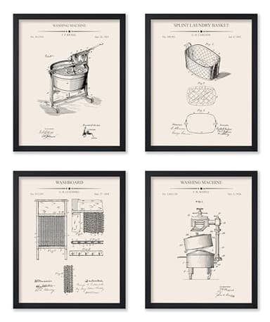 Poster Master 4-Piece Laundry Blueprint Poster - Washing Machine Patent Print - Washboard Art - Split Laundry Basket Illustration - Technical Drawing - Laundry Room Decor - 8x10 UNFRAMED