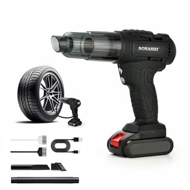 Sonashi 2-in-1 Car Vacuum Cleaner & Tire Inflator - High Power Portable Vacuum with Digital Tire Pressure Gauge, LED Light, Multifunctional Nozzle for Car Interior Cleaning & Emergency Tire Inflation