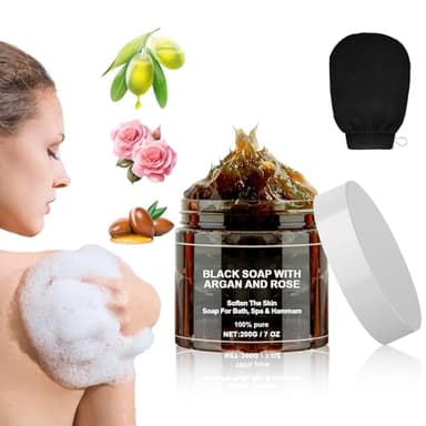 Morocco Black Soap With Argan And Rose, Morocco Black Beldi Soaps, Blacks Soap Bar Exfoliating Soaps, Moroccan BlackSoap Hammam, Moroccos Body Scrub with Exfoliating Glove (1)