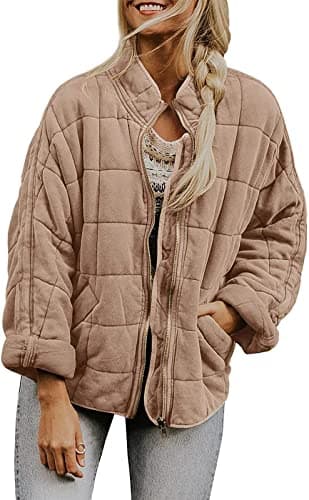 Free People Dup Es,Free People Inspired Clothes Dupe Quilted Jackets for Women Puffer Lightweight Zip Up Winter Coats Womens Packable Oversized Plus Size Jacket Khaki