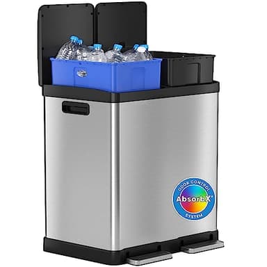 iTouchless SoftStep 60 Liter / 16 Gallon Kitchen Step Trash Can & Recycle Bin with Double Odor Filters and Color-Coded Buckes, Stainless Steel, 2 x 8 Gallon (30L), Soft Close Lid and Airtight Seal