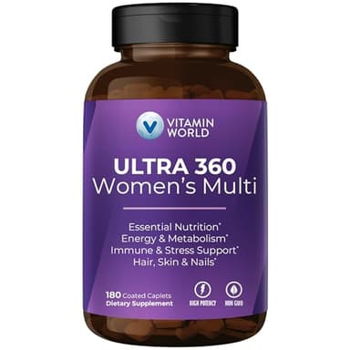 Vitamin World Ultra 360 Multivitamin for Women, Women's Multivitamin with Herbs & Collagen for Hair, Skin & Nails, Supplement with Iron, Vitamin A, B, C, D, E for Energy & Immune Support, 180 Caplets