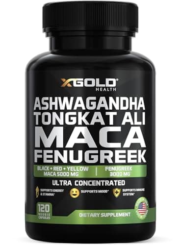 Ashwagandha 5000mg + Tongkat Ali 1000mg + Maca Root 5000mg + Fenugreek 3000mg Supplement | Black + Red + Yellow Maca Root Extract & Fenugreek Herbal Supplements for Men & Women - Made in USA
