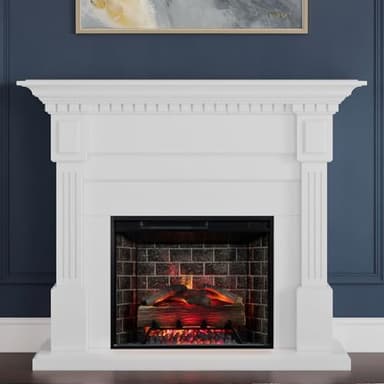 Modern Ember Augustine White Mantel Package 55" W x 48" H with 28 Inch Electric Fireplace Insert - 1,000 Sq Ft Heater 4 Flame Colors, Ember Bed Included | Alexa/WiFi Enabled