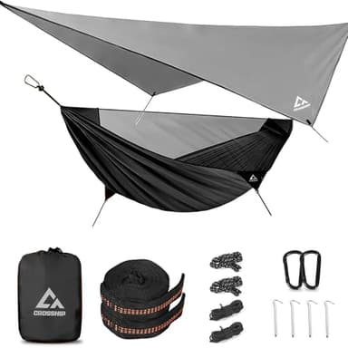 CROSSHIP Camping Hammock with Mosquito Net and Rain Fly Tarp - 2 Person Hammock Tent, Portable Parachute Nylon Hammock for Outdoor, Hiking, Backpacking, Backyard, Travel (Hold Up to 500lbs) - Black