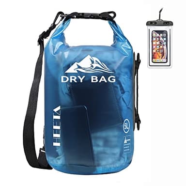 HEETA Dry Bag Waterproof for Women Men, Roll Top Lightweight Dry Storage Bag Backpack with Phone Case for Travel Swimming Boating Kayaking Paddle Board Camping Beach Accessories (Transparent Blue, 5L)