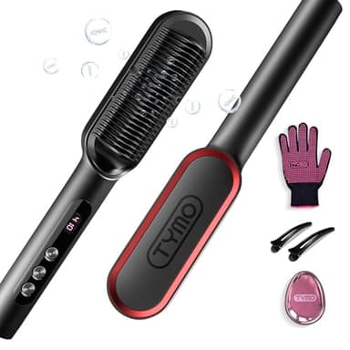 TYMO Ring Plus Ionic Hair Straightener Brush - Straightening Comb with Negative Ions for Women, Titanium Coating, 9 Temp Settings & LED Display, Dual Voltage, Professional Styling Tools