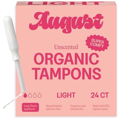 August Light Tampons - 24-Pack 100% Organic Cotton Tampons for Women and Anyone Who Menstruates, Non-Toxic, Fragrance-Free, and Hypoallergenic with Long Applicators
