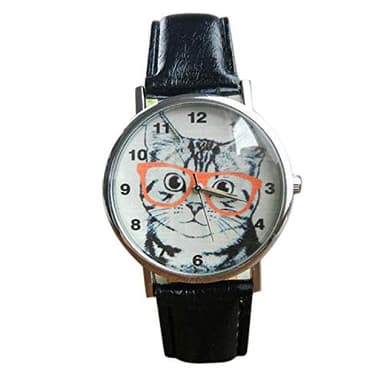 LsvtrUS Unisex Scholar Cat Pattern Leather Band Analog Quartz Dial Wrist Watch (Black)