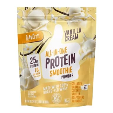 FlavCity Grass Fed Whey Protein Powder - Vanilla Smoothie - 25g Protein & 10g Collagen - Made with Real Vanilla Bean & Organic Coconut Milk - Gluten Free & No Added Sugars (20 Servings)