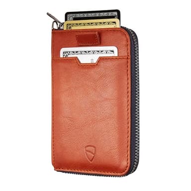 Vaultskin NOTTING HILL Minimalist Leather Zipper Wallet for Women and Men: Slim Multi Cardholder with RFID Blocking and Keychain Ring (Cognac)