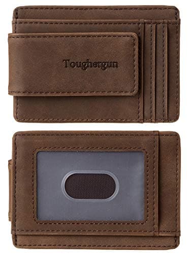 Toughergun Slim Wallet for Men RFID Blocking Money Clip, Minimalist Front Pocket Credit Card Holder, Magnetic Thin Mens Wallets with ID Window(Coffee)