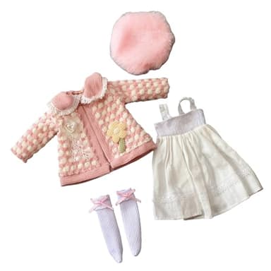 Maidscp 30cm YoSD BJD Doll Clothes Set - Pink Plush Beret, Lace Dress, Knit Coat & Bow Socks, 1/6 Doll Accessories