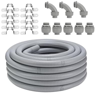 Liquid-Tight Conduit Connector Kit,1 in x 50 ft Flexible Non Metallic Liquid Tight Electrical Conduit Kit,Waterproof Outdoor Electrical Conduit Pipe,Straight/Angle Fittings,Clamps