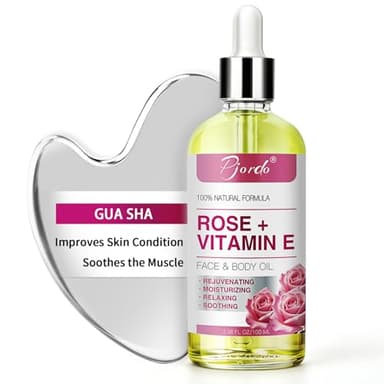 Pjordo Vitamin E Rose Oil & Stainless Steel Gua Sha Facial Tools Set, Gua Sha & Vitamin E Oil for Face & Body, Moisturizing Skin, Relieving Muscle Fatigue & Improving Skin Elasticity