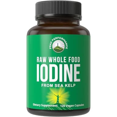 Raw Whole Food Iodine Supplement from Organic Kelp (Ascophyllum Nodosum) by Peak Performance. Potassium Iodide Support Tablets. for Metabolism, Energy, and Immune. 120 Vegan Capsules, Pills.