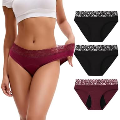INNERSY Period Underwear for Women Cotton Lace Leakproof Menstrual Hipster Panties Bikini Briefs 3-Pack(Large,Black & Red)