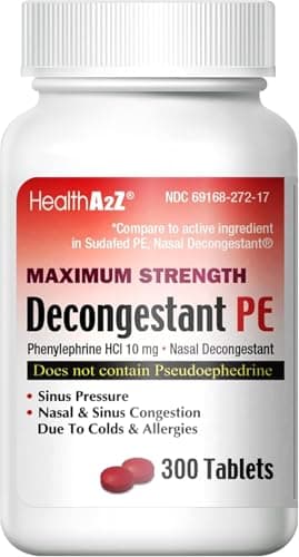 HealthA2Z® Decongestant PE | Phenylephrine HCl 10 mg | Nasal & Sinus Congestion Relief Due to Cold & Allergies (300 Count (Pack of 1))