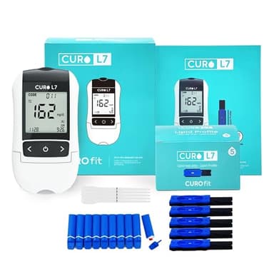 CURO-L7 Professional Grade Blood Cholesterol Testing with Home KIT - All-in-One Test Device, Test Strips 5ea, Lancets, and EziTube Rod Included