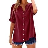 Warehouse Clearance Spring+Deals 2025 Clothing for African Safari Ladies Gauze Tops Chambray Shirt Women Linen Women Shirt Lulu Dupes Cotton Blouses for Summer Linen Top Wine Large