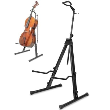 UPELLA Heavy Duty Cello Stand with Bow Hook, Sturdy Portable Adjustable Versatile, Floor Steel Holder for 1/2 & 1/4 Double Upright Bass, Fiddle, Contrabass（Black）