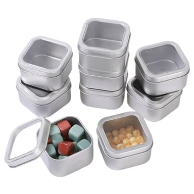 LJY Empty 4-Ounce Square Silver Metal Tins with Clear Window for Candle Making,Gifts & Treasures (9 Pack) (Silver, 2.56"x2.56"x1.5")