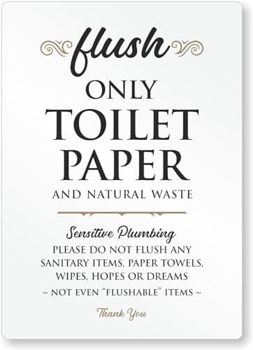 SmartSign Flush Only Toilet Paper Sensitive Plumbing Sign for Airbnb - 5" x 7", Acrylic, Foam Adhesive Tapes, Black/Gold/White