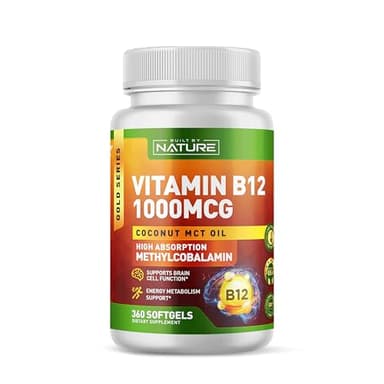 Built by Nature Vitamin B12 1000 mcg Methylcobalamin - Extra Strength Fast Dissolve Soft Gels for Energy Metabolism & Nervous System Health - Non GMO -1 Year Supply - 360 Softgels