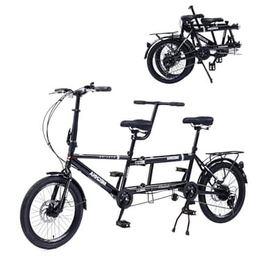 Folding Tandem Bike, 20 Inch Tandem Bikes for Adults, 7 Speed 2 Person Foldable Bike, City Beach Cruiser Bikes with Adjustable 2-Seater Height and Dual Disc Brakes, Multi Colors (Black)