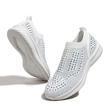 BELOS Women's Rhinestone Slip On Walking Shoes Breathable Mesh Knit Sock Shoes Fashion Comfortable Sparkly Sneaker (White,6)