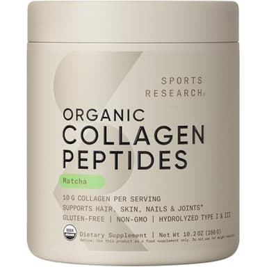 Sports Research Premium Collagen Peptides Powder and Organic Matcha Green Tea - Collagen Powder Protein Supplement with Japanese Matcha and Amino Acids - Gluten Free, Non-GMO, Sugar Free