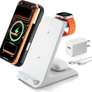 Eazpower Wireless Charger for Thick Cases of 10MM/Otterbox/Heavy Duty, 3 in 1 Charging Dock for iPhone 17 16 15 14 Pro Max, Phone Stand Charging Station for Multiple Devices for Apple Watch/AirPods