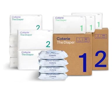 Coterie Baby Wipes + Diapers Kit, Size 1 (99 Count) & Size 2 Diapers (186 Count), 4 Pack (224) Baby Wipes with 99% Water, Plant Based Materials, Hypoallergenic for Sensitive Skin