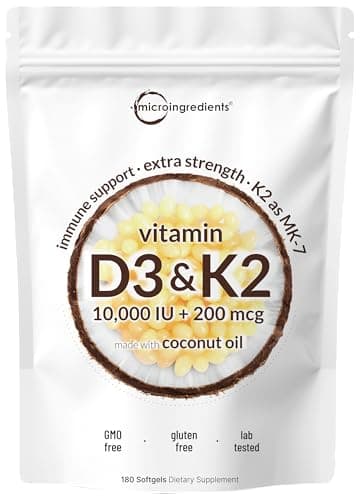 Micro Ingredients Vitamin D3 10,000 IU + K2 MK-7 200 mcg, 180 Softgels with Virgin Coconut Oil | 2-in-1 Vitamins D & K Complex | Extra Strength, Easy to Swallow, Non-GMO, Gluten Free