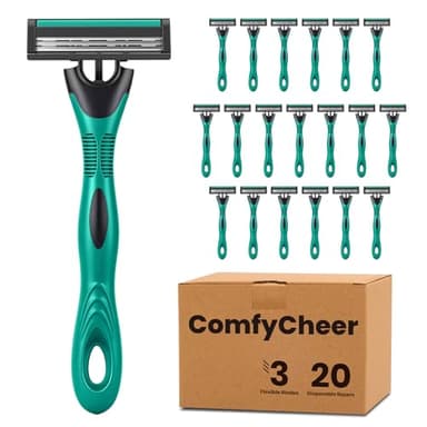 Comfycheer 20 count Disposable Razors for Men,3-Blade Razors,Bulk Stainless Steel Shavers with Lubricating Strip for Shaving Sensitive Skin