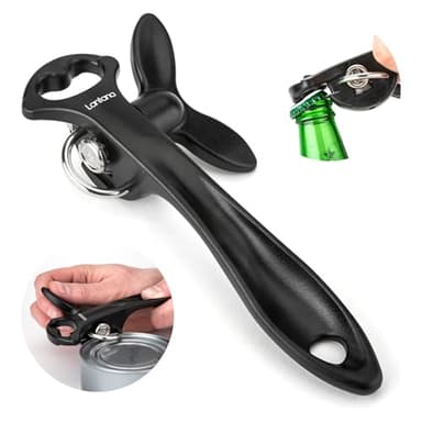 Lantana Smooth Edge Can Opener with Bottle Cap Lifter - Hand Held Manual Safety Tin Opener - Black/Stainless Steel