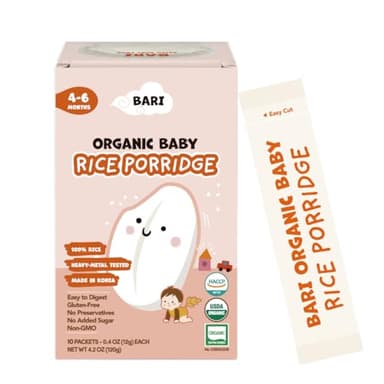 BARI Organic Baby Rice Porridge Stage 1 (4+ Months) – USDA Organic, Heavy Metal Tested, Non-GMO, No Added Sugar, Gluten-Free, Korean Baby Rice Cereal, 4.2oz (0.4oz x 10 Packets)