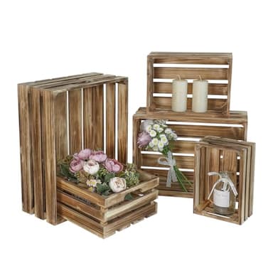 JUMBO HUMBLE Set of 5 Large Wooden Crates, Nesting Storage Crate with Handles, Rustic Torched Brown Farmhouse Wooden Crates for Display, Wedding Birthday Home Party Living Room Kitchen Decoration
