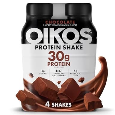 Oikos Protein Shake, Chocolate, 30g High Protein Drinks, Shelf Stable, Ready to Drink, 5g Prebiotic Fiber, 12 fl oz Bottle, 4 Count​